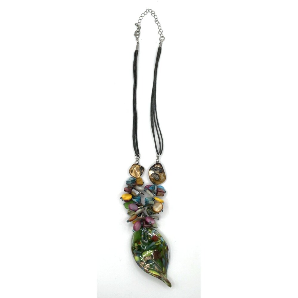 Artisan Multicolor Glass Focal Pendant Statement Necklace 18" Boho Colorful